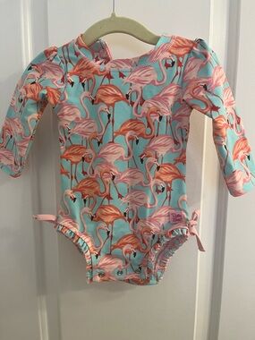 Ruffle Butts Flamingo Longsleeve Zip Swim Suit and Hat 6-12mo EUC